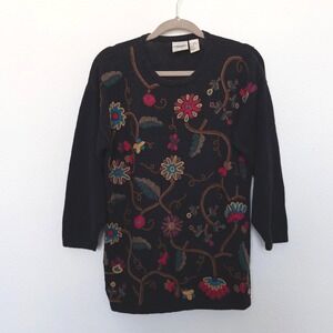 VTG Innovation Sport Womens Sweater Sz S Black Floral Embroidered Boho Artsy 90s
